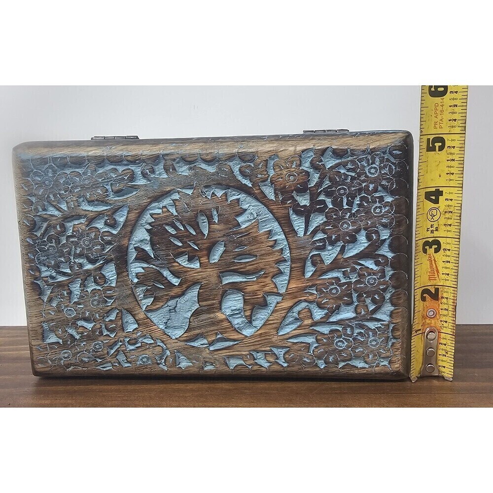 Vrinda Hand Carved Tree Of Life Wooden Jewelry Trinket Box Velvet Lined 8”x5” - Picture 14 of 15